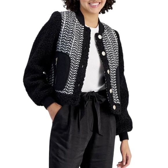 7 FOR ALL MANKIND Black and White Mixed Media Tweed Sherpa Jacket Large - Picture 2 of 7